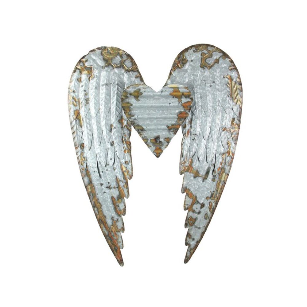 Rustic Galvanized Stamped Metal Art Angel Wings Heart Decorative Wall Sculpture